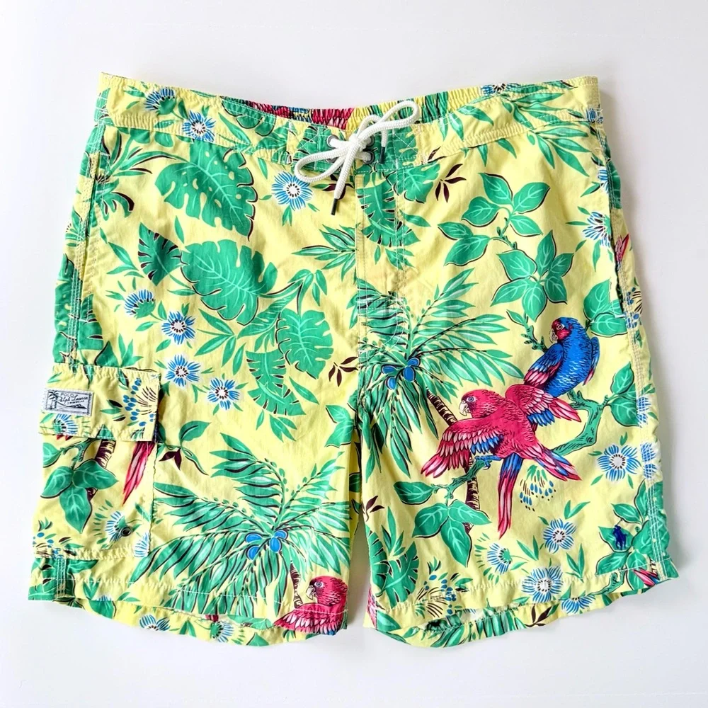 Vintage Polo Ralph Lauren Yellow Tropical Parrot Print Swim Trunks Size M